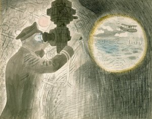 Egy tengeralattjáró (tengeralattjáró) tisztje a periszkópon keresztül nézi. Akvarell és ceruza, papír alkotó: Eric Ravilious