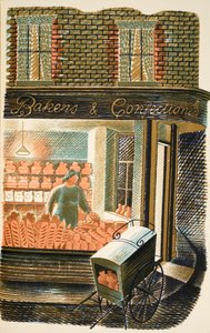 Pék és cukrász, illusztráció J. M. Richards "High Street" című művéből, a Curwen Press nyomdája, a Country Life kiadása, 1938. alkotó: Eric Ravilious