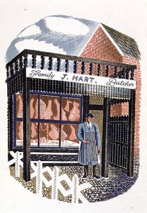 The Butchers Shop, nyomtatta a Curwen Press, a High Streetről, J. M. Richards, kiadta a Country Life, 1938 (24 darabos készlet) alkotó: Eric Ravilious