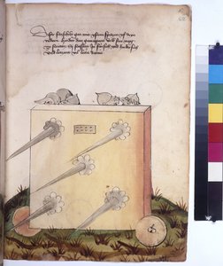 Egész oldal: mozgó őrség, mögötte lándzsákkal és páncélos katonákkal, 1430 körül (színes tollrajz)