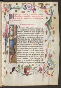 Egész oldal: szöveg, iniciálé és indák, alatta III. Friedrich címerével. alkotó: Erich Lessing