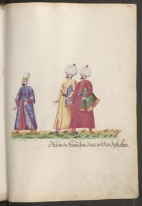 A szultána szertartása: eunuch két szolgával, akik lótakarókat cipelnek. alkotó: Erich Lessing