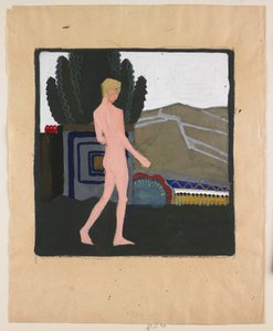 Álló férfiakt tájképben, 1914 körül (gouache, papír) alkotó: Erich Mallina