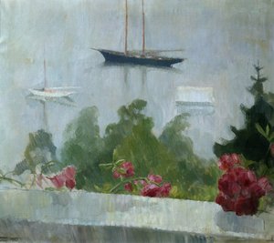 A csónak, virágok a verandán alkotó: Erik Theodor Werenskiold