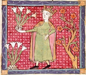 Április: növények szedése. Miniatűr Ermengol de Beziers (Matfre Ermengau) (Ermengaud) „Breviaire d