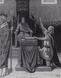 Harold Godwinson esküt tesz a szent ereklyékre, hogy támogassa Vilmost, Normandia hercegének igényét az angol trónra (litho) alkotó: Ernest (after) Board
