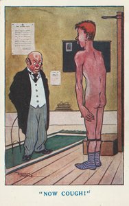 Az orvos egy meztelen férfit köhögésre kér orvosi vizsgálat során (színes litho) alkotó: Ernest (after) Noble
