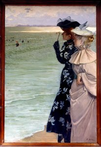 Gyönyörű időszak: "" Fürdőidő a tengernél""" Két nő a parton távcsőben vizsgálja a fürdőzőket. Ernest Ange Duez (1843-1896) festménye 1896 V. 1,06x1,6 m Rouen, musee des Beaux Arts - Belle epoque: "" Fürdőzés a tengerparton"" Két nő a b