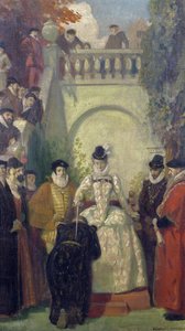 I. Erzsébet királynő lovaggá üti Sir John Youngot birtokának lépcsőjén, a The Great House, Bristol, 1910-20