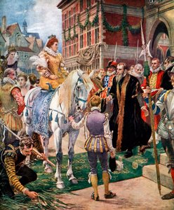 Erzsébet királynő megnyitja a királyi börzét 1570-ben, 1920 körül. alkotó: Ernest Crofts
