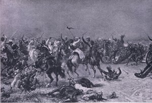 A Kings Own Light Dragoons rohama Mudkiban, illusztráció a brit csaták szárazföldön és tengeren című filmből, 1915 alkotó: Ernest Crofts
