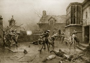 A Lőpor-összeesküvők utolsó standja, 1606, illusztráció a Hutchinson történetéből a brit nemzetről, 1923 körül alkotó: Ernest Crofts