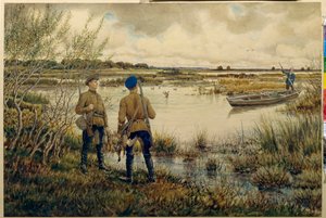 Visszatérés a vadászatról - (vadászok felszerelésükkel, tóparton állnak, csónakon társat várnak, horgászvadért felelős, kacsák) - Visszatérés a vadászatról - Ernest Ernestovich Lissner (1874-1941) munkája , aq alkotó: Ernest Ernestovich Lissner