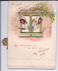 Viktoriánus karácsonyi üdvözlőlap két hálóruhás rablóról, akik riadtan néznek ki az ablakon, 1880 körül alkotó: Ernest Henry Griset