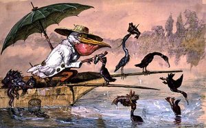 Kormoránok, akik halat mutatnak be egy pelikánnak esernyő alatt, a „The Dream of the Fisherman” című filmből (toll, tus és akvarell) alkotó: Ernest Henry Griset