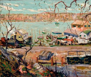 River Scene – csónakok és házak alkotó: Ernest Lawson