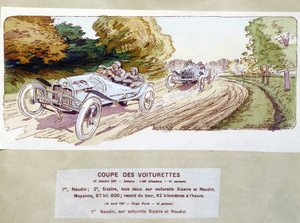 Autóverseny: kocsik vágása 1907-ben - Ernest Montaut (1878-1909) rajza.