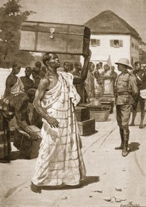 A Cape Coast-i kastélyból induló szállítók Kumassi felé, illusztráció a „Tizenegyedik századi csaták” című kötetből. VII, The Ashanti War of 1900, Archibald Forbes, G.A. Henty és Arthur Griffith őrnagy alkotó: Ernest Prater