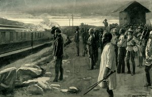"A vonat, amely Mr. Rhodes földi maradványait szállítja, és a blokkház őrei tisztelegtek", 1902. alkotó: Ernest Prater