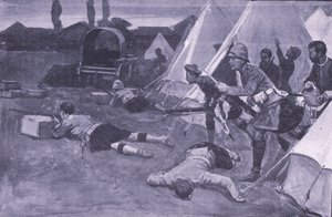 A brit tábor elleni támadás a Jacobsdal piacterén, illusztráció az After Pretoria: The Guerilla War, 1902-ből alkotó: Ernest Prater