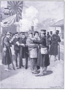Csapatok elhagyják Tokiót, illusztráció a Cassells Az orosz-japán háború története, 1. kötet, 1900 körül alkotó: Ernest Prater