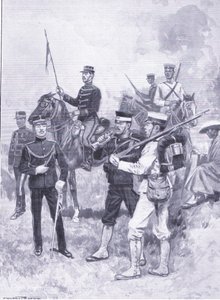 Japán katonák típusai, illusztráció: Cassells Az orosz-japán háború története, 1. kötet, 1900 körül alkotó: Ernest Prater