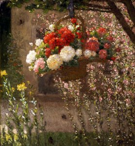 A lógó kosár. Egy vidéki ház bejáratánál lógó virágkosár. Ernest Quost (1844-1931 francia) festménye Magántulajdon. alkotó: Ernest Quost
