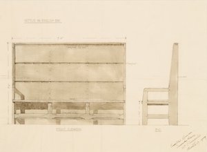 Design for Settle in English Oak, 1909 (toll wc-vel papíron) alkotó: Ernest William Gimson