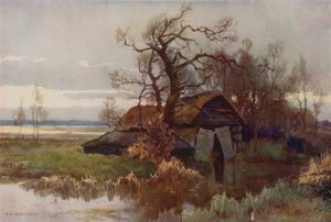 Régi csónakházak, Barton Broad (színes litho) alkotó: Ernest William Haslehust