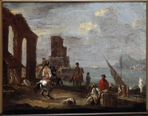 Táj romokkal a tenger közelében Ernesto Monsu Daret festménye (17. század) V 40x50 cm Gének, Musei di Strada Nuova (ex Palazzo Bianco) alkotó: Ernest called Monsu Ernesto Daret
