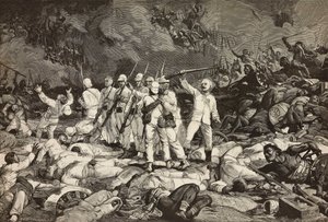 Dogali csata, az utolsó túlélők fegyvert mutatnak be, tisztelegnek az elesetteknek, Eritreai háború, Ernesto Mancastroppa és Cantagalli metszet Ludovico Pogliaghi rajzából és kompozíciójából, a L
