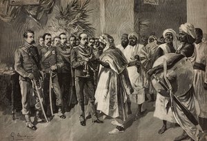 Tancredi Saletta tábornok kardot ajánl Kantibainak, Abab főnökének, Massawa, Eritreai háború, Ernesto Mancastroppa metszet G Amato rajzából, L