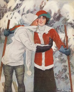 Páros síelés télen (színes litho)