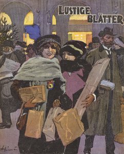 Női karácsonyi bevásárlás (színes litho)