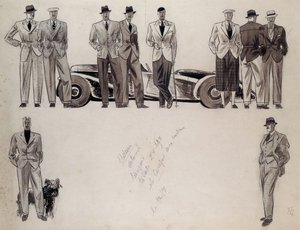 „Adam” divatterve, amely tíz férfi modellt ábrázol egy autó mellett alkotó: Ernst Deutsch-Dryden