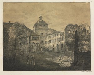 Hat kilátás a heidelbergi kastélyra: Kastélyterasz, 1820. alkotó: Ernst Fries