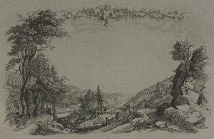 Hat nézet a heidelbergi kastélyról: borító, vadászjelenet, 1820. alkotó: Ernst Fries