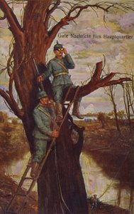 Jó hír a főhadiszállásnak, német katonák megfigyelik a csatateret, és helyszíni telefonon jelentkeznek a parancsnokságnak, I. világháború, 1915