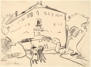Házak Drezdában sétáló emberekkel, 1909. alkotó: Ernst Ludwig Kirchner