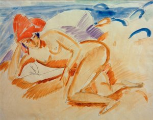 Akt, piros kalappal alkotó: Ernst Ludwig Kirchner