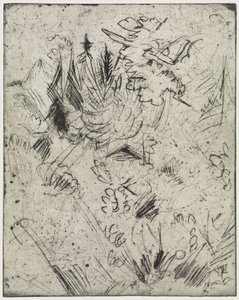 Hegyoldal kunyhókkal és fenyőkkel / Meztelen lány fiatal macskákkal alkotó: Ernst Ludwig Kirchner