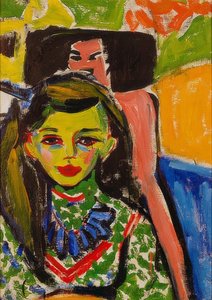 Fränzi egy faragott szék előtt. 1910 alkotó: Ernst Ludwig Kirchner