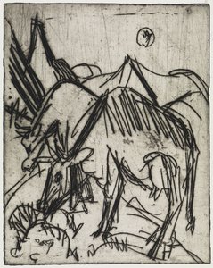 A holdfényben legelésző tehenek / Két fiú, akik macskával játszanak alkotó: Ernst Ludwig Kirchner