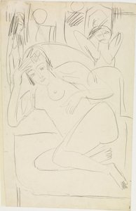 Fotelben kuporgó női akt, fából készült figurákkal alkotó: Ernst Ludwig Kirchner