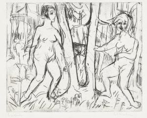Lányok játszanak az erdőben. 1923 alkotó: Ernst Ludwig Kirchner