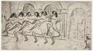 Párnákon fekvő Lotte/Hat táncosnő íves díszlet előtt - Angol együttes alkotó: Ernst Ludwig Kirchner