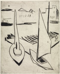 Vitorláshajó-kikötő az Alsteren, Hamburg / Obeliszkekkel szegélyezett utca, Drezda alkotó: Ernst Ludwig Kirchner