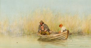 Tanulmány egy csónakból horgászó férfiról és fiúról alkotó: Erskine Nicol
