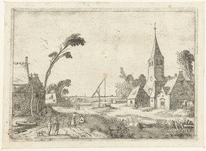 Kilátás a falura farmokkal, templommal és kúttal Tájképek (sorozat címe) alkotó: Esaias van de Velde