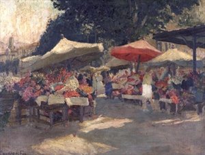 Forgalmas piac egy nyári napon alkotó: Ethel Carrick Fox